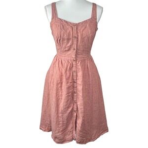 Abito 100% Linen Button Front Midi Dress Peach Pink Sleeveless Cottagecore Sz M